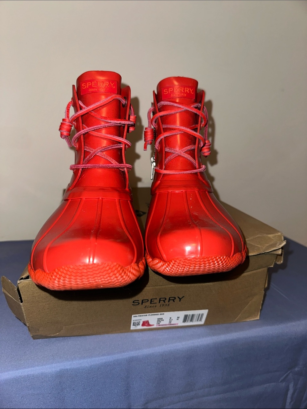 Sperry Women's Bright Red Lace-Up Duck Rain Boots